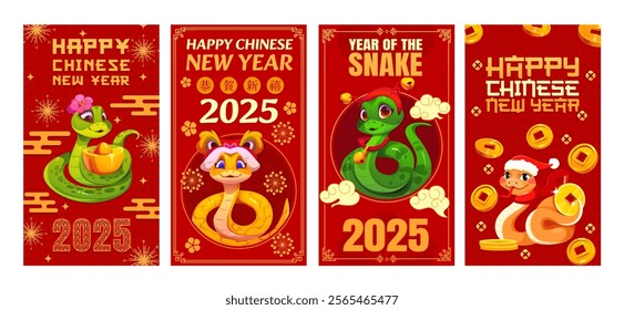 Cartoon Asian horoscope snakes for Happy Chinese New Year holiday, vector posters. 2025 Chinese Lunar New Year greetings and funny cartoon snakes with gold coins and sycee ingot, dragon and fireworks