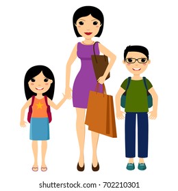 Cartoon asian mother holds small daughter and son with schoolbags. Busy mommy with kids and shopping bags. Vector illustration of full body detailed characters in flat style, isolated on white. Eps 8