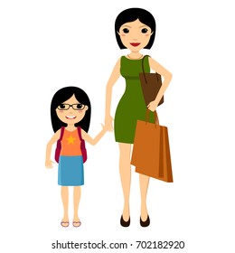 Cartoon asian mother holds a young daughter with schoolbag. Busy mom with child and shopping bags. Vector illustration of full body detailed characters in a flat style, isolated on white. Eps 8