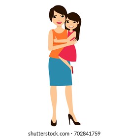 Cartoon asian mother with little daughter on her hands. Beautiful mom holds a child. Vector illustration of full body detailed characters in a flat style, isolated on white background. Eps 8