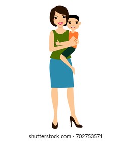 Cartoon asian mother with a son on her hands. Beautiful mom holds a child. Vector illustration of full body detailed characters in a flat style, isolated on white background. Eps 8