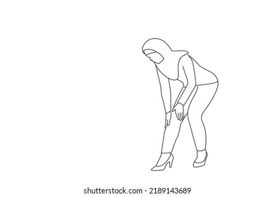 Cartoon of asian muslim businesswoman having knee problems. Single continuous line art style
