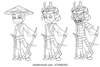 Cartoon asian ninja samurai with sword black and white character vector set for coloring