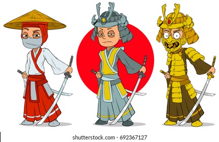 Cartoon asian ninja samurai with sword helmet and mask characters vector set