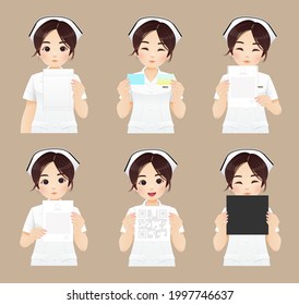 Cartoon Asian Nurse Holding Paper Or Document, Collection Of Nurse, Vector Illustration And Character Design.