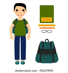 Cartoon asian schoolboy. Cute boy drawing with school supplies, backpack and glasses . Vector illustration of full body detailed character in a flat style, isolated on white background. Eps 8