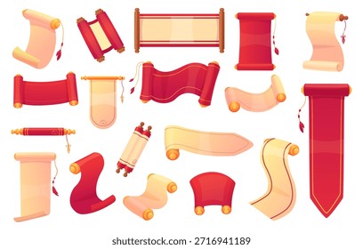 Pergaminos asiáticos de dibujos animados. Rollo de papel, crema roja colorea Elementos festivos japoneses coreanos chinos. Rollo abierto y cerrado con asas de madera y borlas de hilo, hoy en día juego de Vector