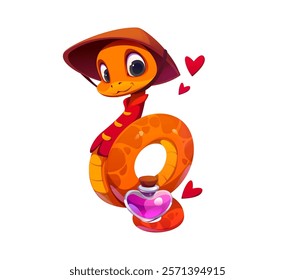 Cartoon Asian snake character holding love potion bottle, surrounded by floating red hearts. Vector charming valentine day reptile, dressed in traditional bamboo hat symbolizes love feelings affection