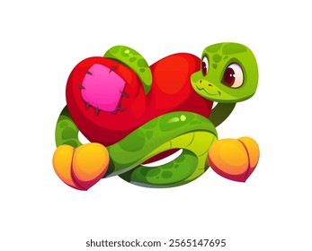 Cartoon Asian snake character with love feelings. Vector valentine day cute green reptile, serpent animal curled around a patched red heart, symbolizing love and care, affection, healing and romance