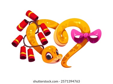 Cartoon Asian snake character with love feelings for valentine day or Chinese Lunar new year. Vector romantic serpent, reptile personage twisted into a heart shape, decorated with firecrackers and bow