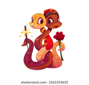 Cartoon Asian snake characters with love feelings. Valentine day intertwined reptiles couple dressed in festive Chinese attire, holding a sparkler and red rose, celebrates love, unity, and festive joy