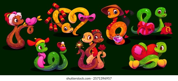 Cartoon Asian snake characters with love feelings and hearts, valentine day set. Vector cute reptiles celebrating love and festive traditions with firecrackers, gift boxes, roses, potions and scarves