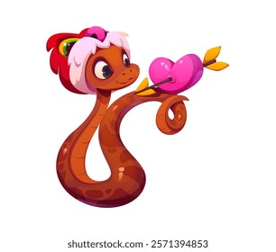 Cartoon asian snake with love feelings and hearts, valentine day character. Vector cute serpent, reptile personage holding pink heart pierced with an arrow, wearing festive lion dance headdress