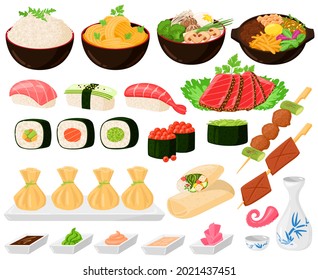 Cartoon asian traditional korean, japanese, chinese food. Asian street food, noodles sushi sashimi ramen dumplings vector illustration set. Oriental asian cuisine dishes as rice, rolls and tuna steaks