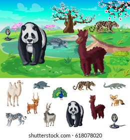 Cartoon asian wildlife concept with different animals on beautiful nature landscape vector illustration