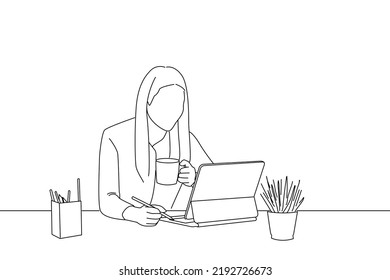 Cartoon of asian woman is happy to work using a tablet and drinking coffee at the office. Line art style
