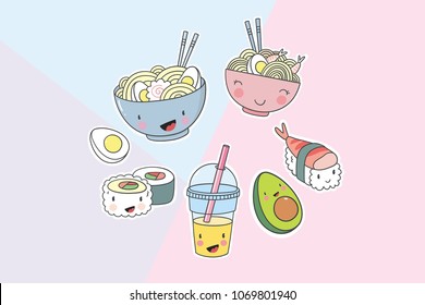 Cartoon Asiatic food in kawaii style