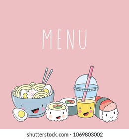 Cartoon Asiatic food in kawaii style