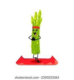 Cartoon asparagus vegetable character on yoga fitness sport mat doing relaxing asana and exercises. Vector funny veggies promoting healthy lifestyle and incorporating sport into everyday activities