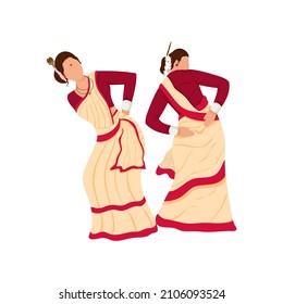 Cartoon Assamese Women Doing Bihu Or Folk Dance On White Background.