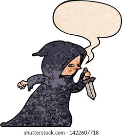 cartoon assassin in dark robe with speech bubble in retro texture style
