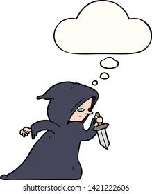 cartoon assassin with thought bubble