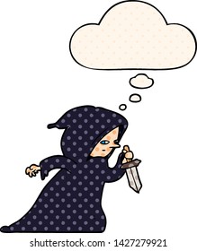 cartoon assassin with thought bubble in comic book style
