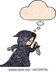 cartoon assassin with thought bubble in grunge texture style