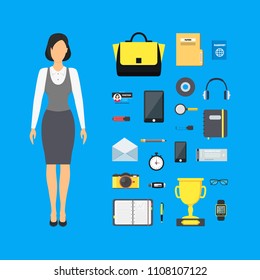 Cartoon Assemble Businesswoman Color Set on a Blue Include of Cup, Bag, Glasses and Headphones Accessories Concept Flat Design Style. Vector illustration