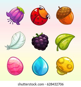 Cartoon assets for match 3 game design. Nature objects icons set.