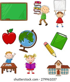 Cartoon assorted school supplie and activitie