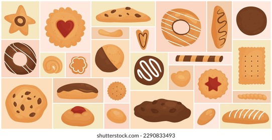 Cartoon assorted sugar snacks, confectionery collection with biscuit cracker doughnut shortbread with glaze and icing in geometric collage background. Cookie, sweet food set vector illustration