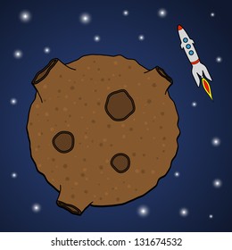 Cartoon asteroid and rocket in space among shining stars