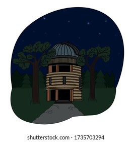 cartoon astrograph and telescope tower at the observatory. vector