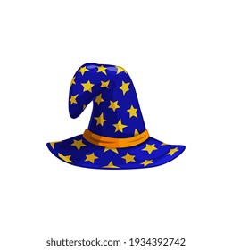 Cartoon astrologer or witch hat vector icon, blue magician headwear with yellow stars and hatband. Halloween costume, wizard cap isolated on white background