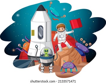Cartoon astronaut and aliens on planet in cartoon style illustration