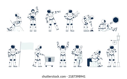 Cartoon astronaut. Astronauts characters hold flag, work with laptop, waiting and growth plant. Adventures cute flat man in cosmonaut suit, recent vector set