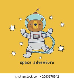 cartoon astronaut bear drawing as vector for tee print