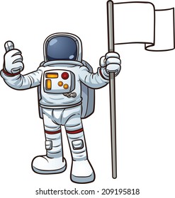 Cartoon astronaut with blank flag. Vector clip art illustration with simple gradients. All in a single layer. 