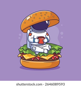 Cartoon astronaut with burger and cup of coffee. Vector illustration.