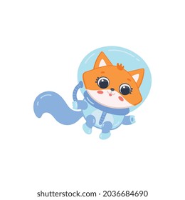 Cartoon astronaut cat in space suit - cute animal isolated on white background. Orange kitten or baby fox flying in air in uniform, vector illustration.