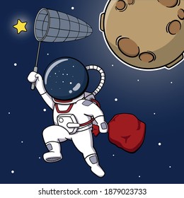 cartoon astronaut catching stars with net