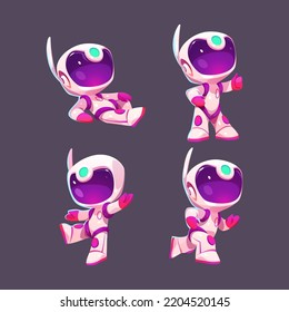 Cartoon astronaut character isolated set. Cute spaceman run, stand on one leg, show thumb up, lying on ground postures. Space traveler in suit and helmet, mascot, game personage, Vector illustration