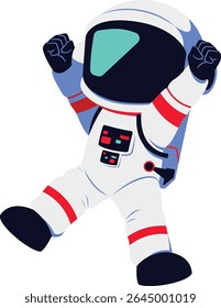 Cartoon astronaut character jumping with both feet off the ground, arms raised happily in space suit, suitable for joyful sci-fi concepts.