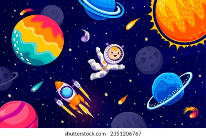 Cartoon astronaut character in outer space, galaxy planets and flying starship. Little boy cosmonaut exploring the vast expanse of the universe, floats among planets and encounters majestic shuttle