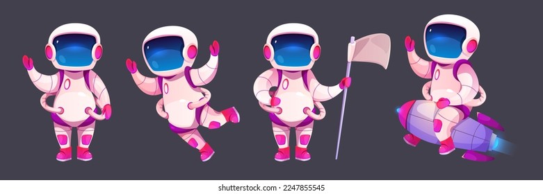 Cartoon astronaut character set isolated on black background. Vector illustration of cute cosmonaut in spacesuit waving hello, floating in outer space, standing with flag in hand, riding on rocket