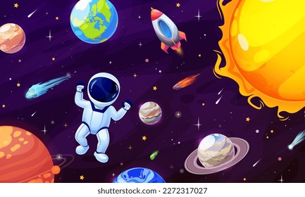 Cartoon astronaut character in space. Space planets and stars. Galaxy exploration, planets research vector wallpaper, solar system planets background with astronaut character flying in weightiness