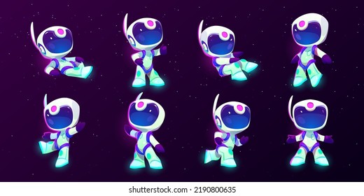 Cartoon astronaut character in starry space set. Cute spaceman floating in weightlessness, stand on one leg, show thumb up. Cosmonaut in suit and helmet, mascot, game personage Vector illustration