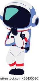 Cartoon astronaut character in white spacesuit thoughtfully touching chin, expressing a thinking pose, isolated on transparent background for creative use.