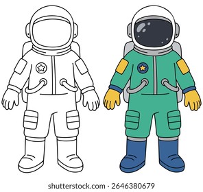 Cartoon Astronaut Coloring Page with Colored Example – Space Suit Illustration for Kids